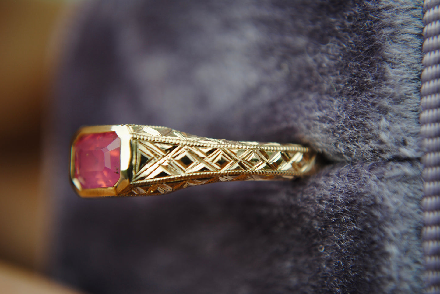 Engraved Siggy, 0.8 carat Neon Pink Mehenge Spinel