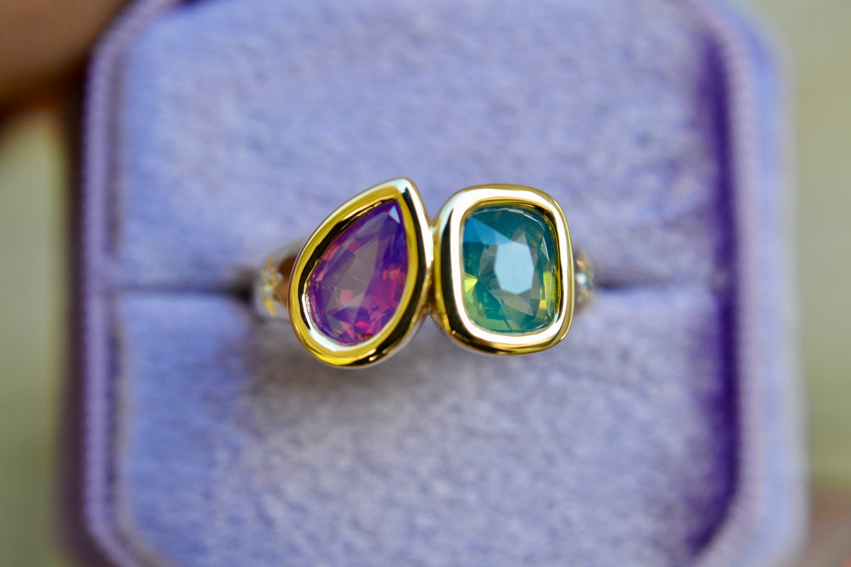 TOI ET MOI ONE OF A KIND - 1.1CT PURPLE PEAR SAPPHIRE + 1.54CT TEAL CUSHION SAPPHIRE