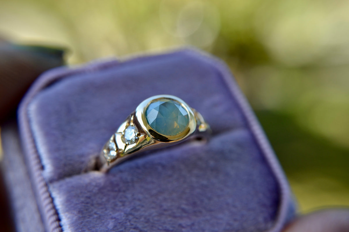 MOLTEN ORGANIC BEZEL RING - 1.75CT GLOWING SAPPHIRE AND OLD EUROPEAN CUT DIAMONDS