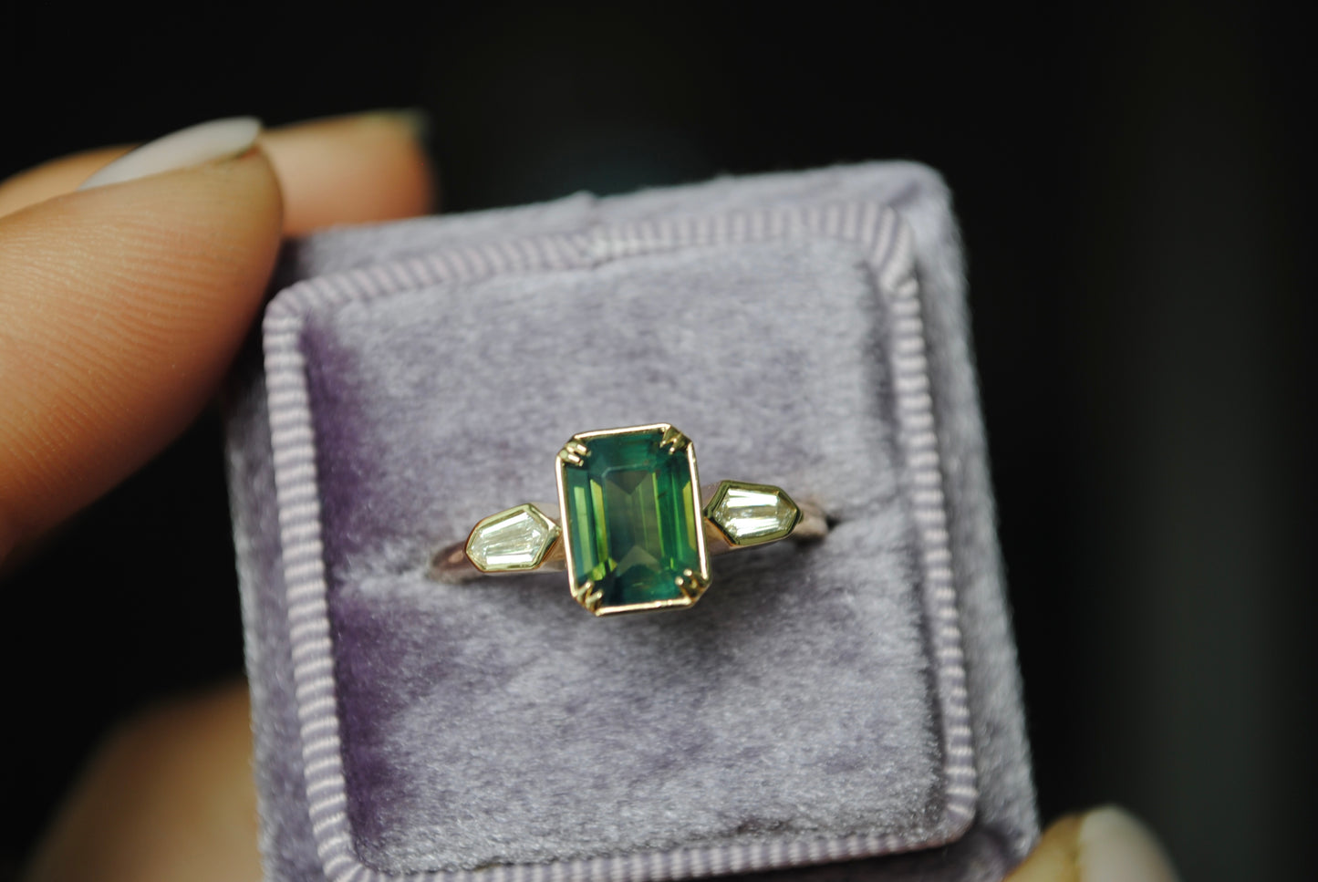 1.66 carat Green Sapphire + Diamond Ring