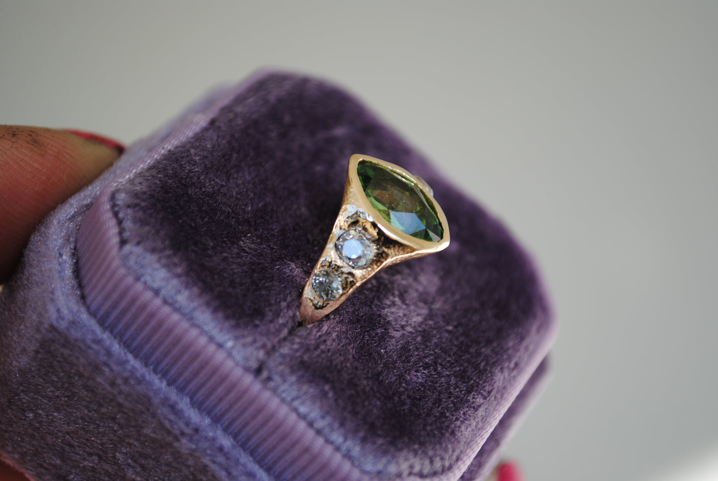 grossular garnet marquis with old mine cut diamonds