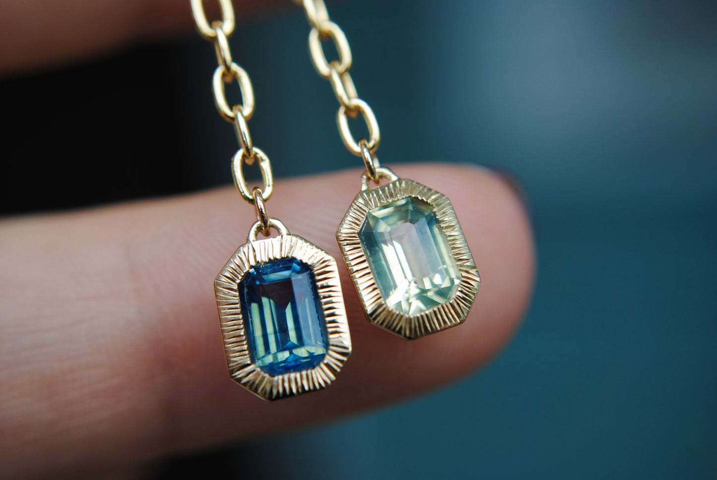 Mismatch Opalescent Sapphire Drop Engraved Earrings