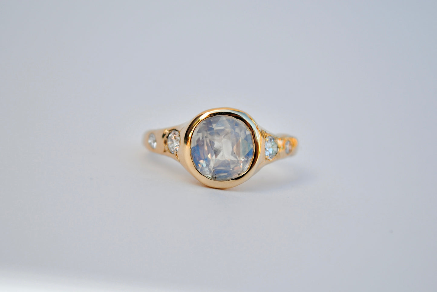 3 carat Opalescent Glowing White Sapphire and Antique Diamond Ring