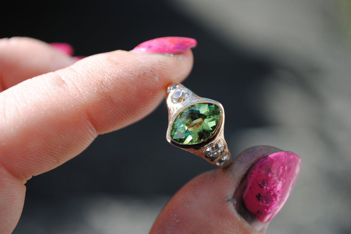 grossular garnet marquis with old mine cut diamonds