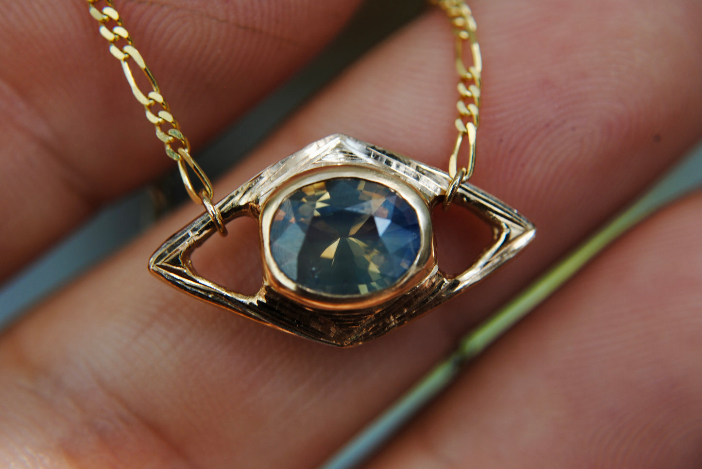 Hovercraft Opalescent Blue/Multicolor Sapphire Engraved Necklace
