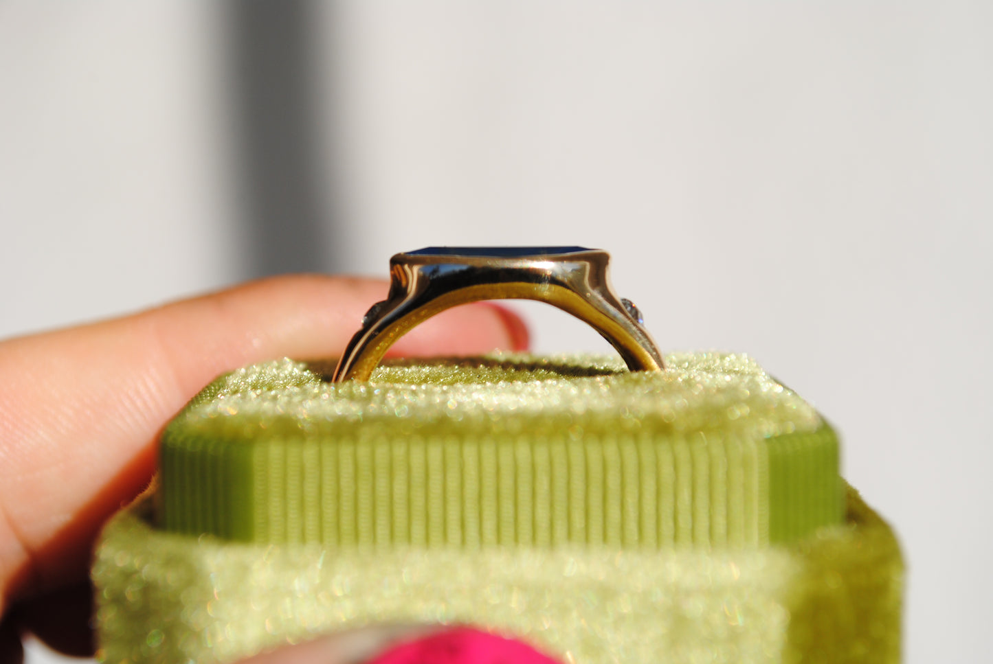 blue marquis ring with old euro diamonds