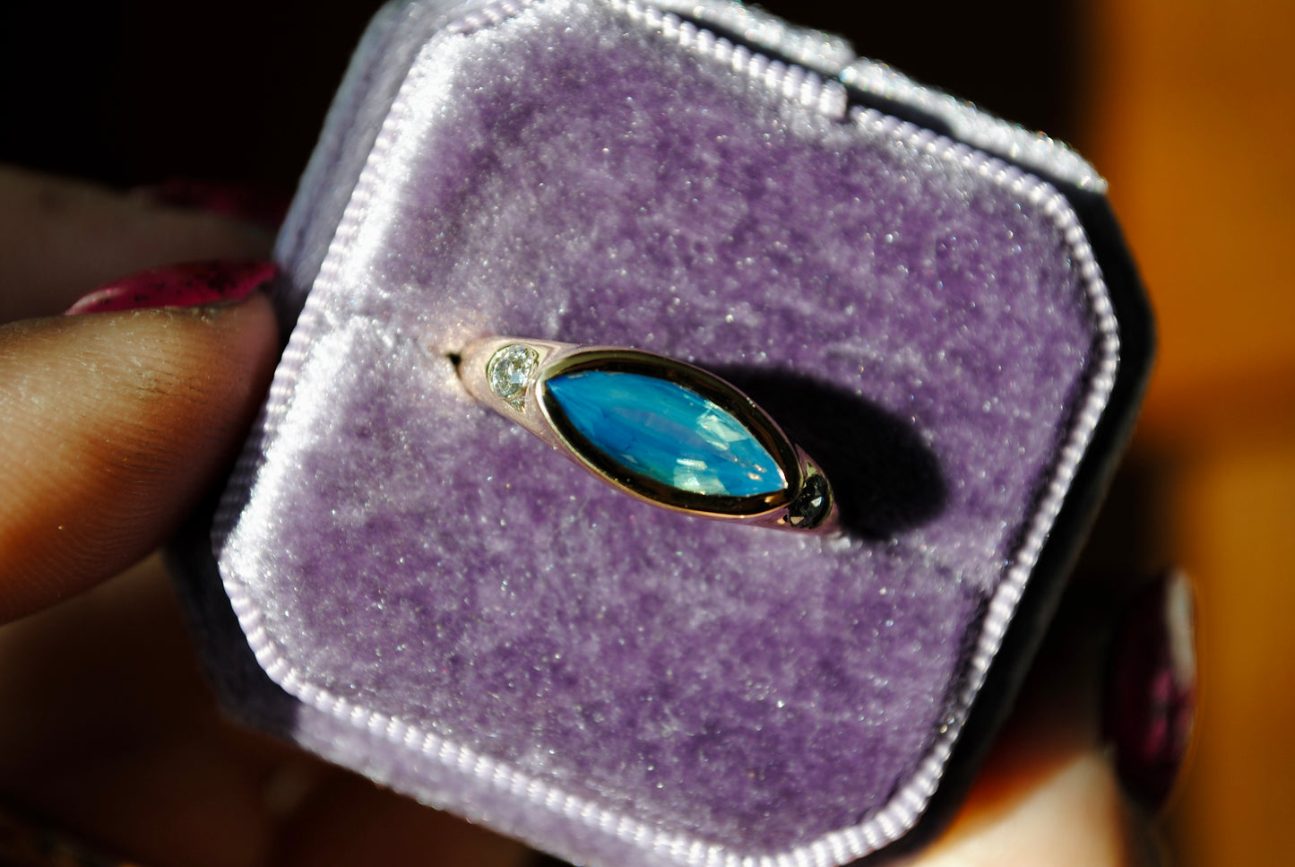 blue marquis ring with old euro diamonds