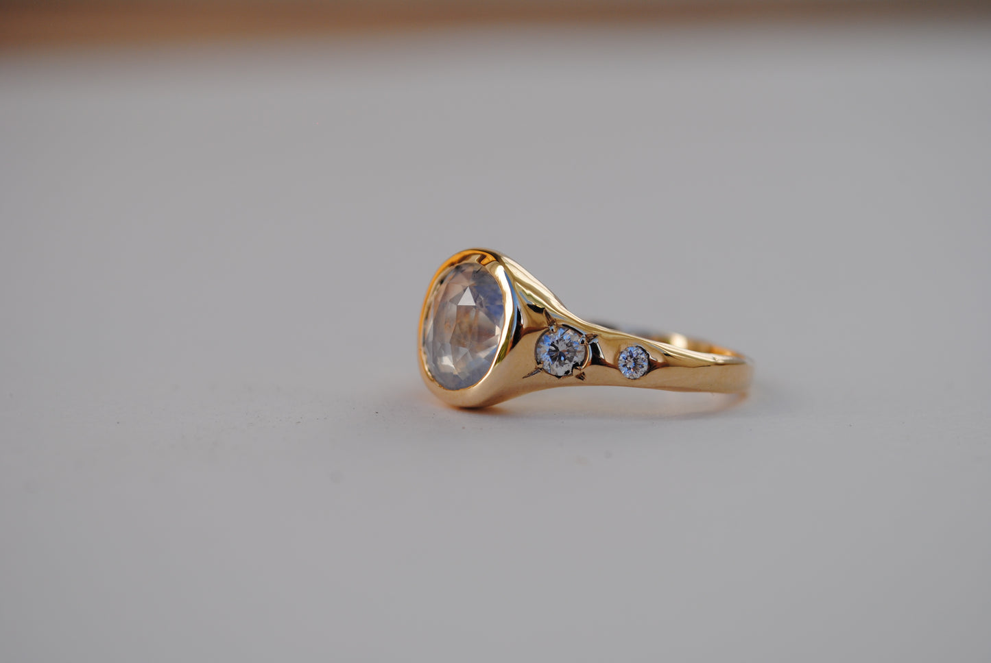 3 carat Opalescent Glowing White Sapphire and Antique Diamond Ring
