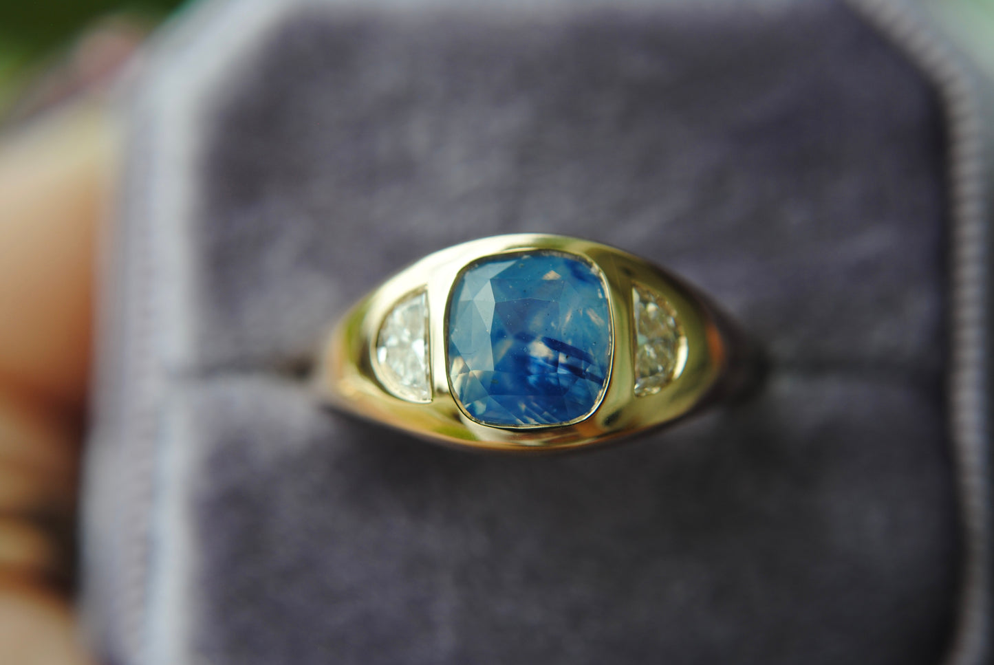 Opalescent Blue Stripe Sapphire + Diamond Moon Bombe Ring