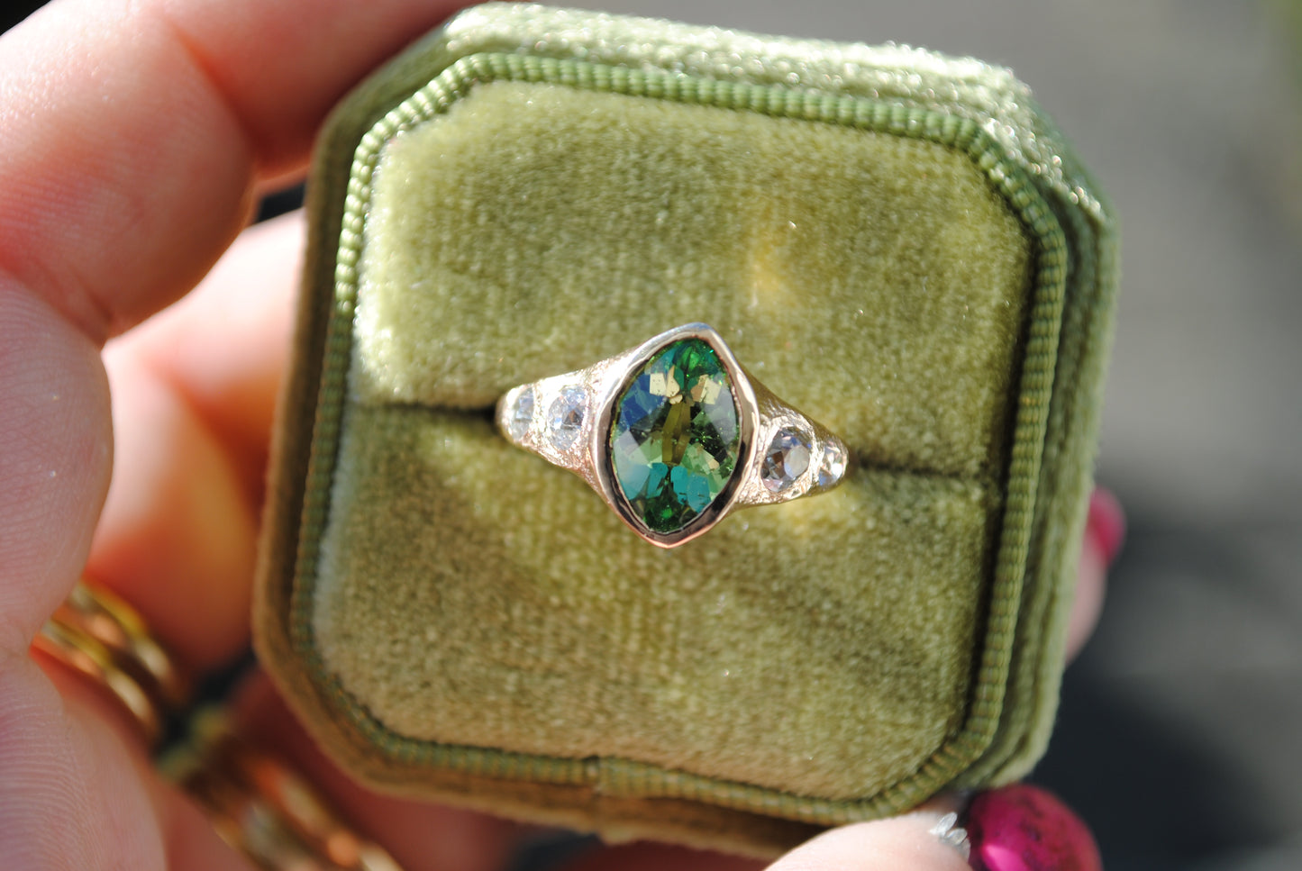 grossular garnet marquis with old mine cut diamonds
