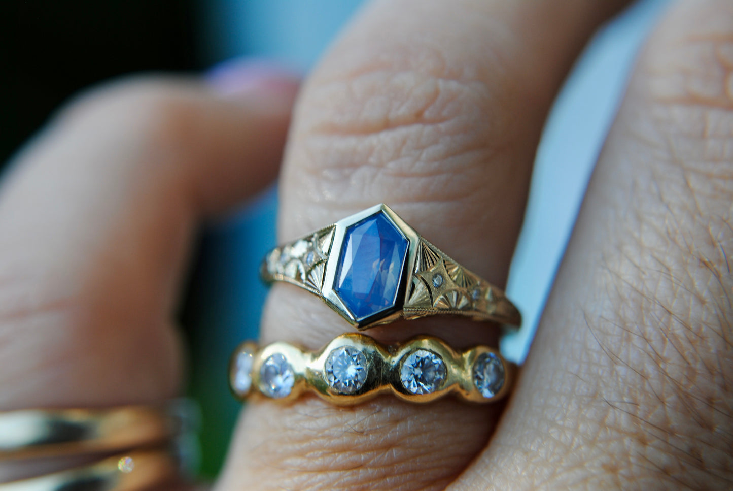 ENGRAVED HEXAGON SAPPHIRE RING - 1.12 CARAT POWDER BLUE NATURAL OPALESCENT SAPPHIRE - ONE OF A KIND