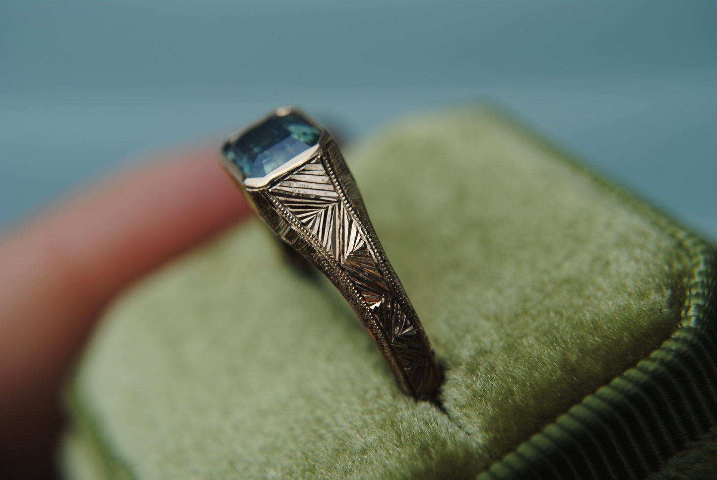 Engraved Siggy 1.27 carat teal sapphire