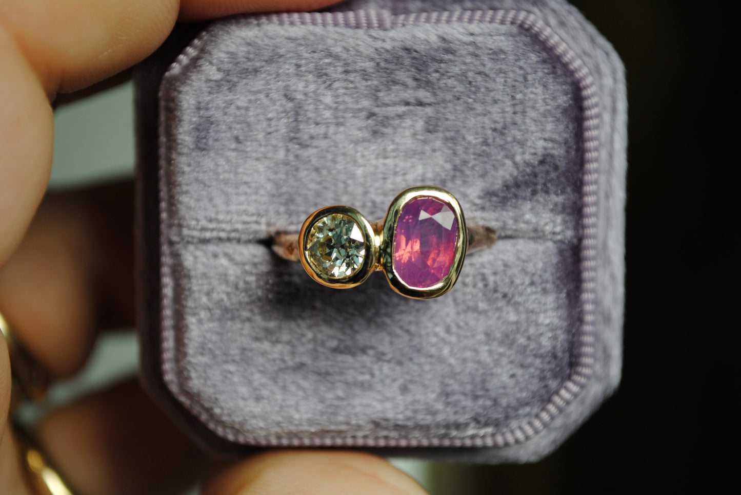 You + Me - Opalescent Pink Sapphire and Old European Diamond