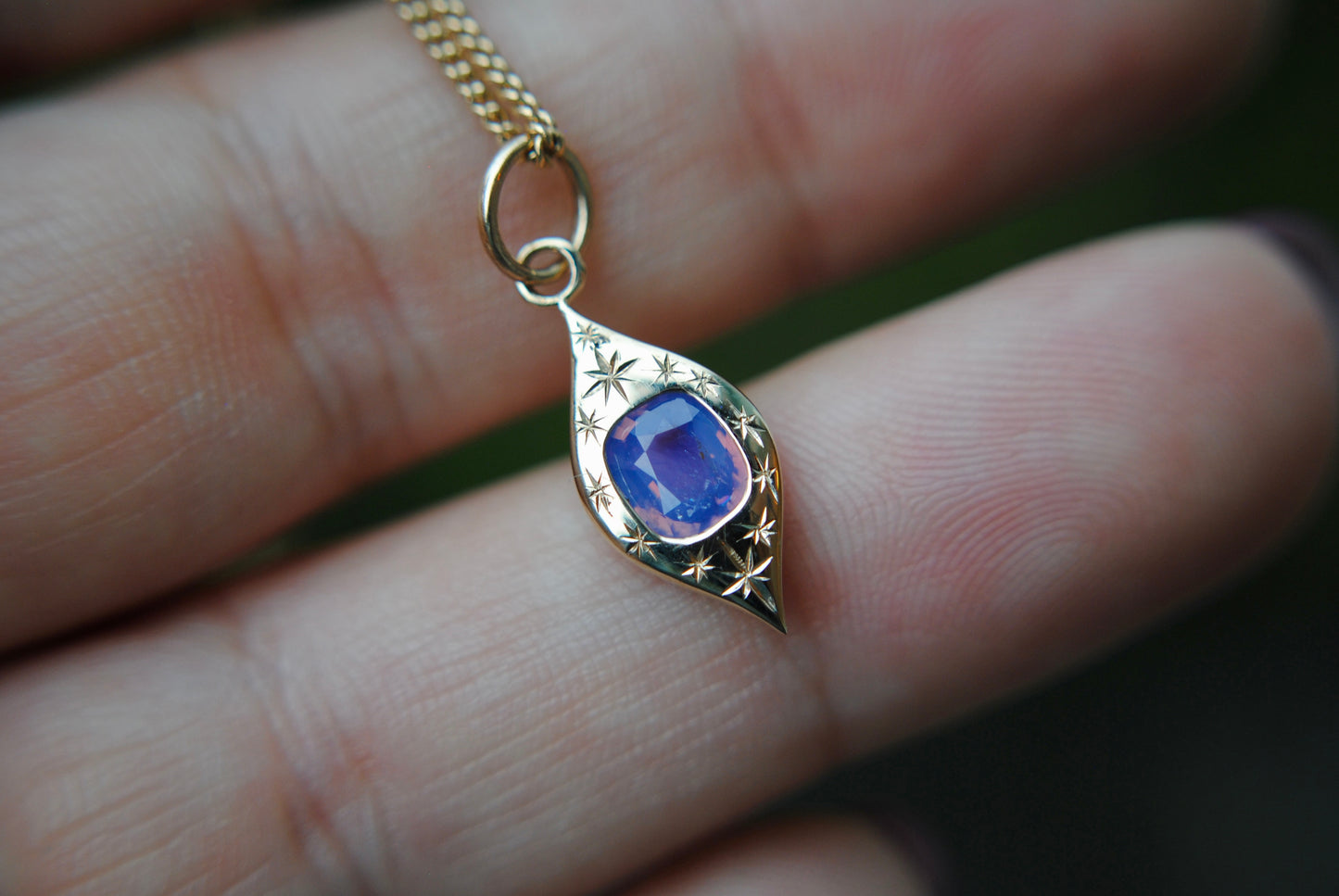 Engraved Gemdrop Charm - Opalescent Purple Sapphire