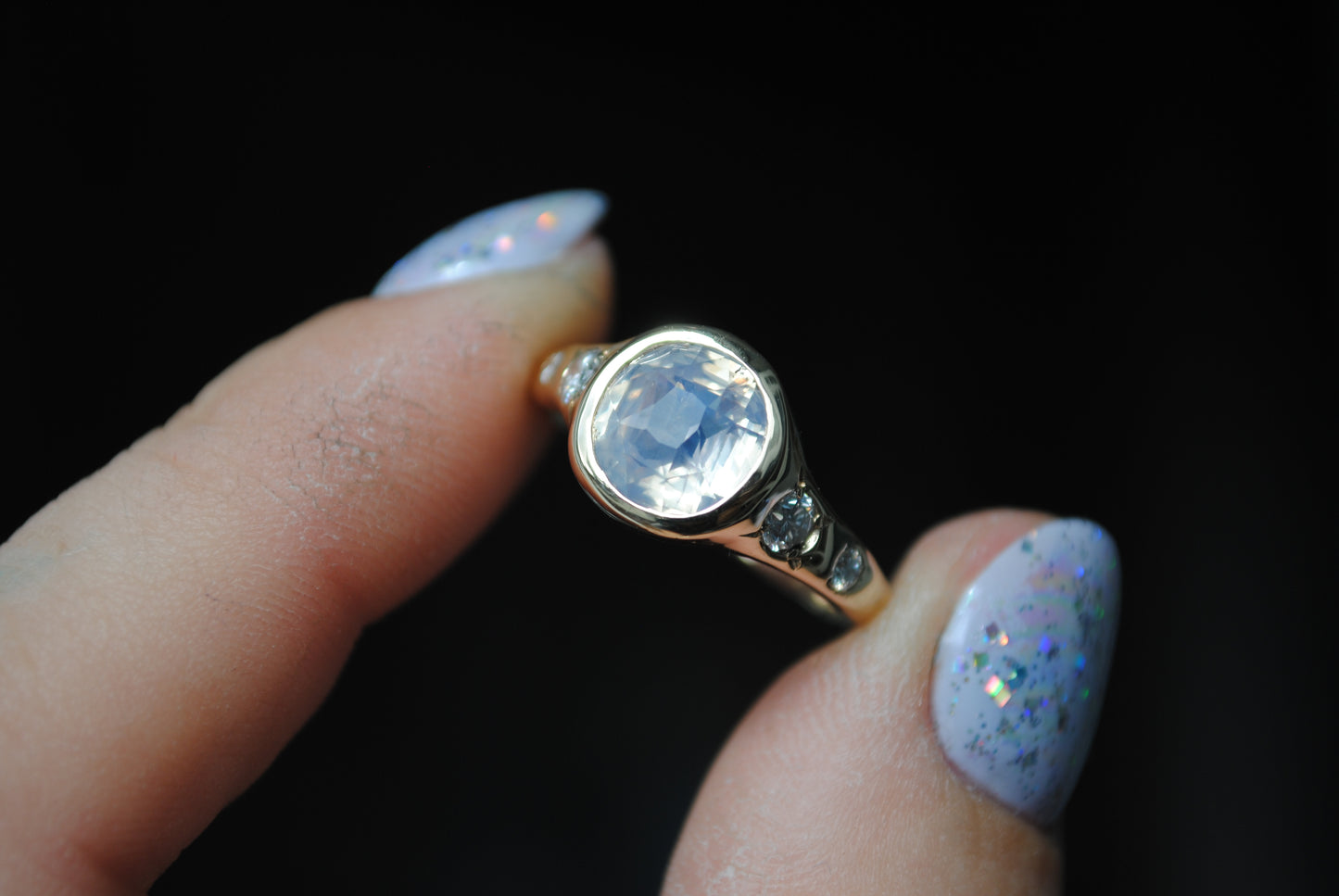 3 carat Opalescent Glowing White Sapphire and Antique Diamond Ring