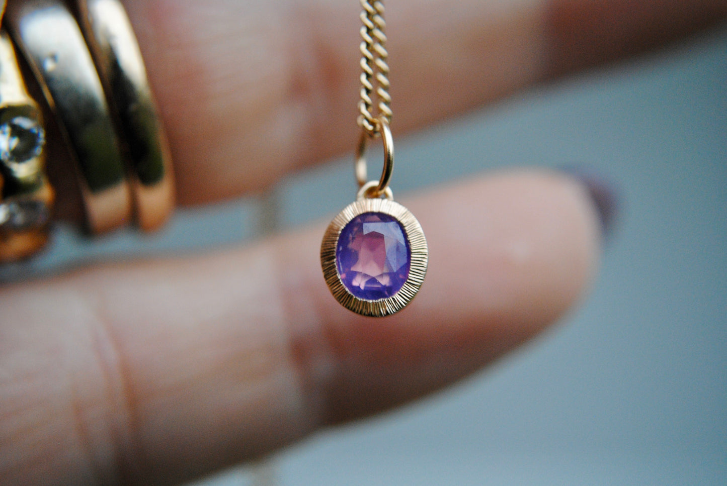 Jellybean Engraved Opalescent Purple Pink Sapphire Charm