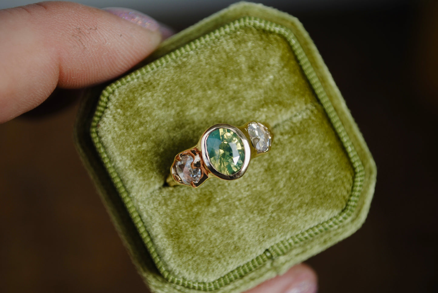 neon green sapphire and rose cut diamond ring