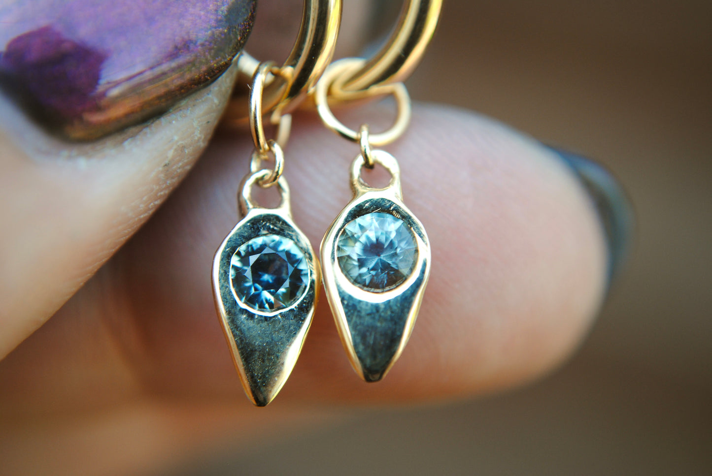 dagger hoop charm - montana sapphire (teal)