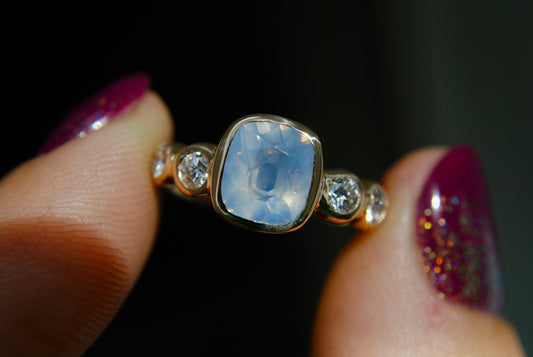 OPALESCENT SAPPHIRE OLD MINE CUT AND DIAMOND RING - ONE OF A KIND - 2.08 CT