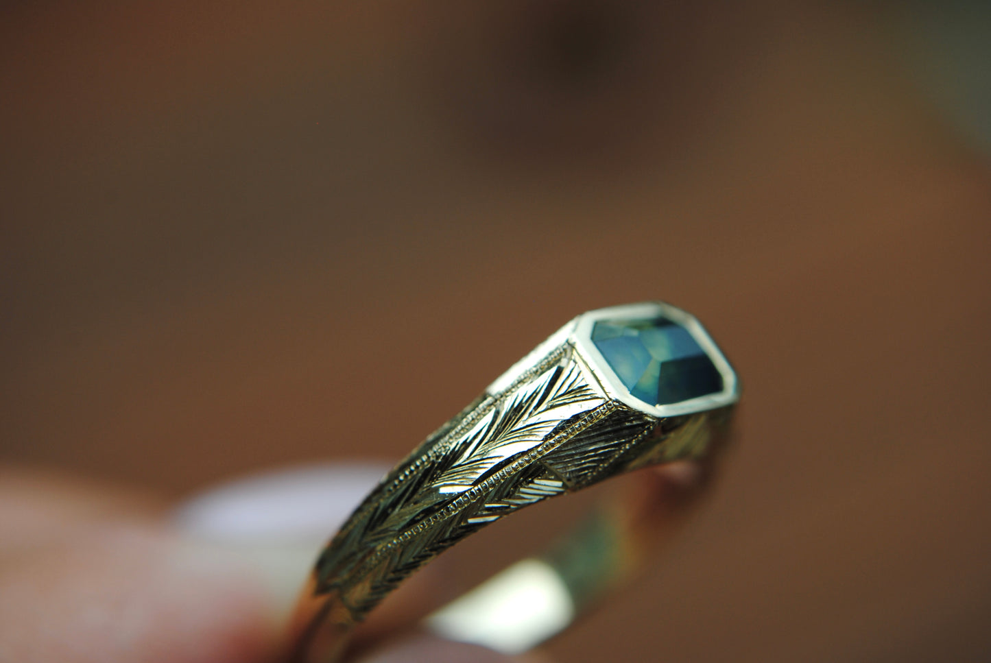 Engraved Siggy, 1.05 carat Opalescent Teal/Green Sapphire