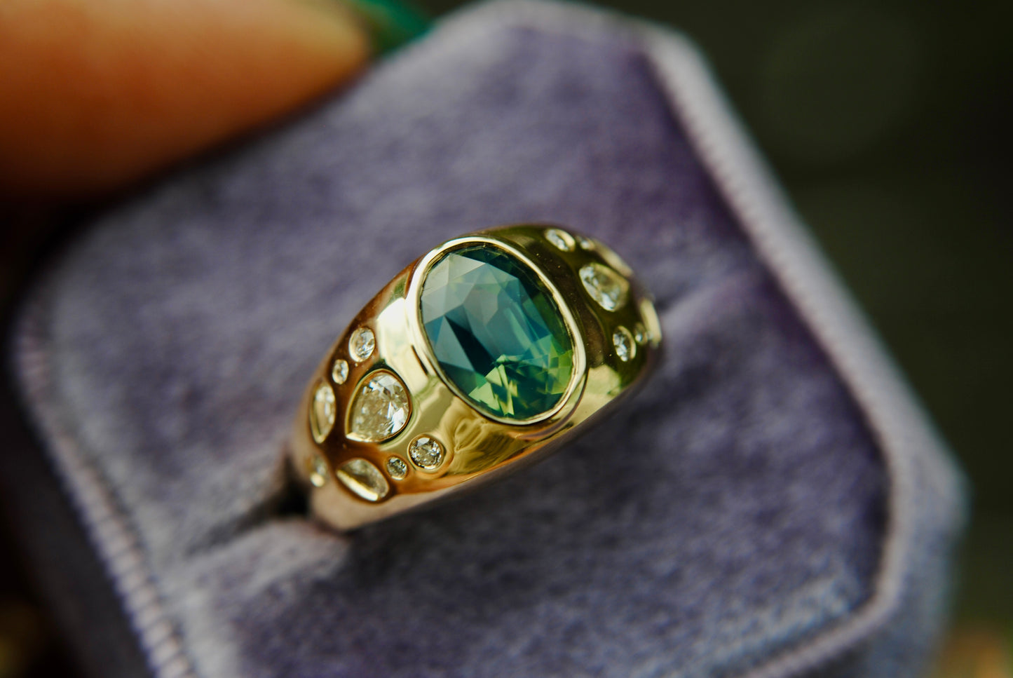 Pear Sprinkle Heavyweight Bombe Ring, 2.55 Opalescent Teal Sapphire