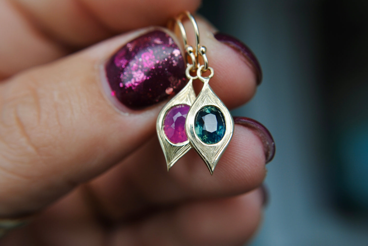 Mismatch Opalescent Sapphire Engraved Earrings