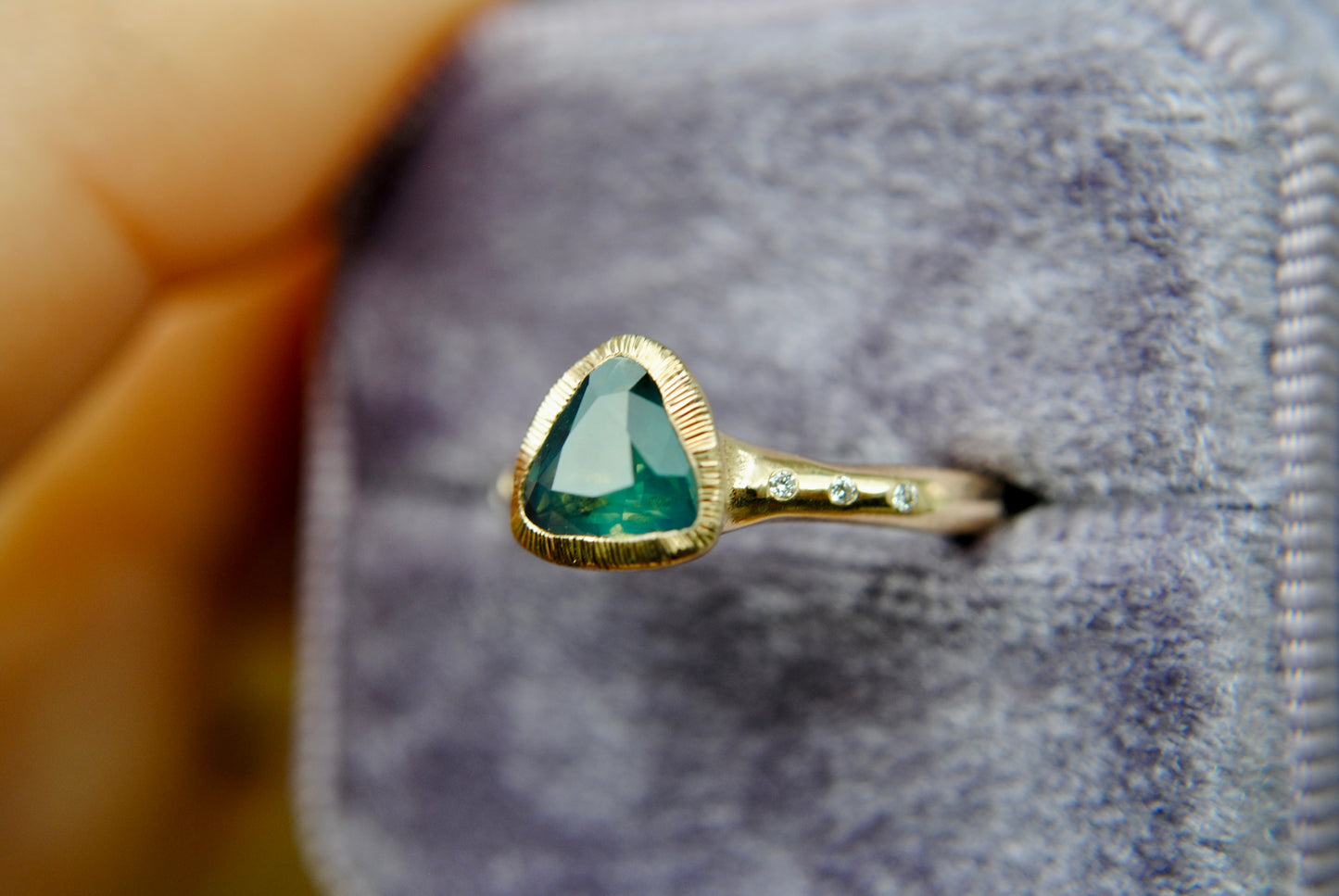 Triangular Opalescent Sapphire with Diamonds