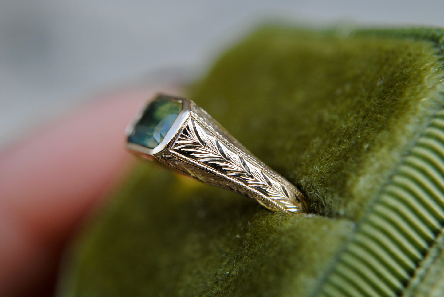 Engraved Siggy, 1.61 carat Opalescent Green Sapphire