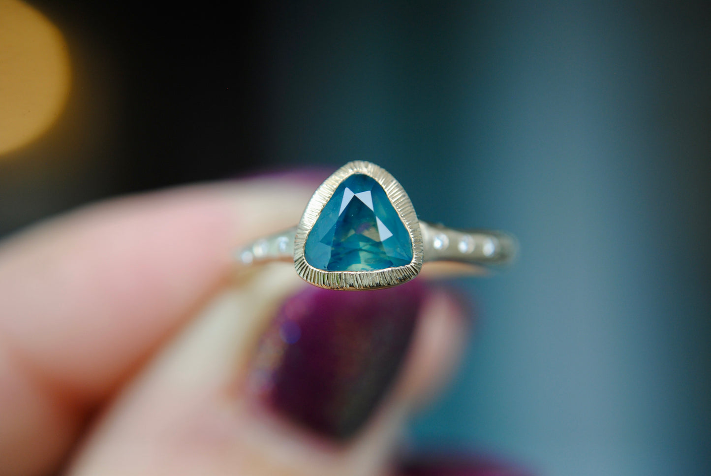 Triangular Opalescent Sapphire with Diamonds