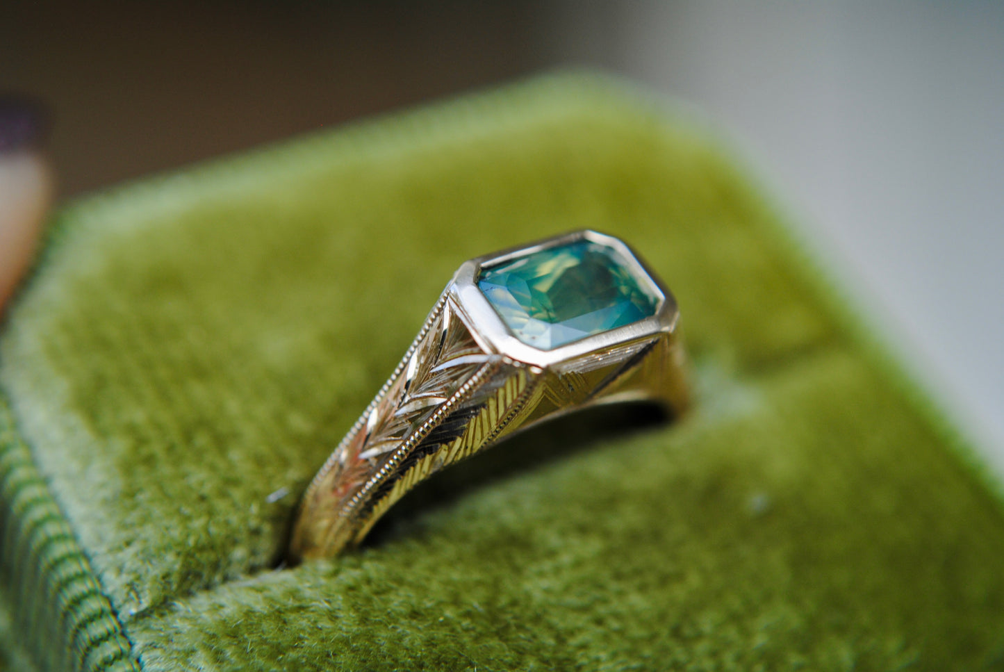 Engraved Siggy, 1.61 carat Opalescent Green Sapphire