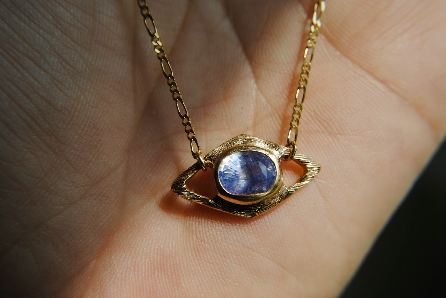 Hovercraft Opalescent Lavender Sapphire Engraved Necklace