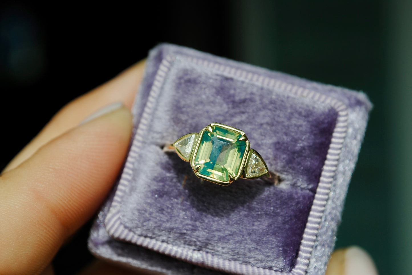 2.04 carat Opalescent Parti Sapphire + Trillion Diamond Ring