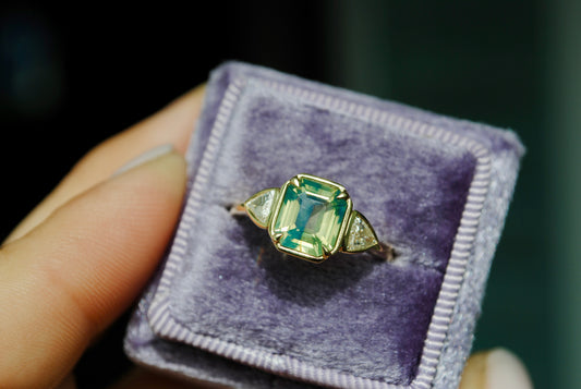 2.04 carat Opalescent Parti Sapphire + Trillion Diamond Ring