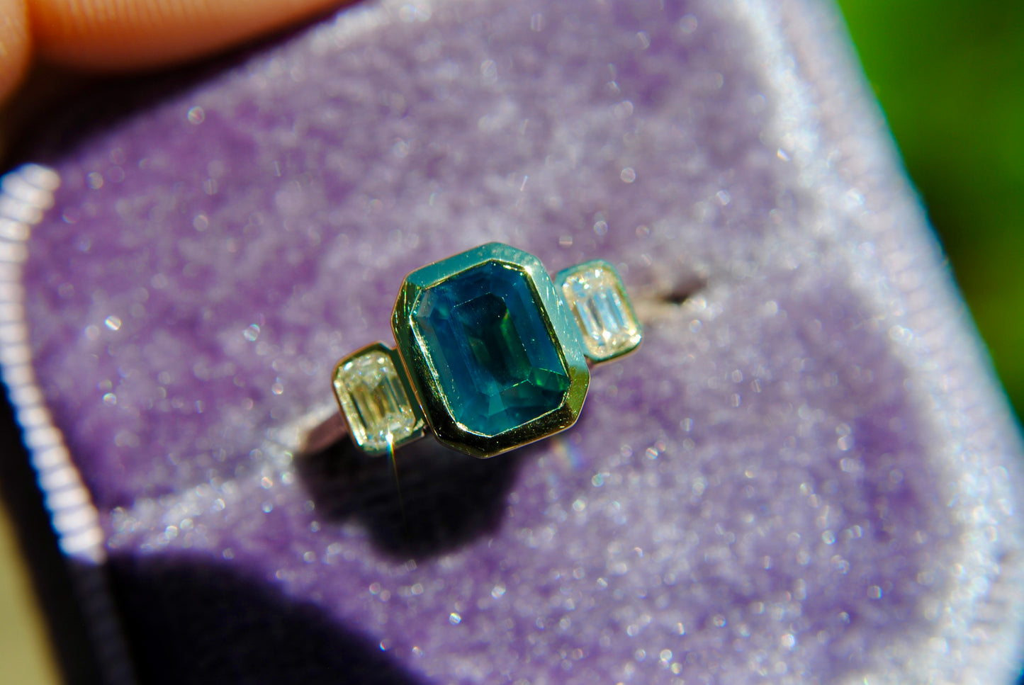 Opalescent Teal Peacock Sapphire + Emerald Cut Diamonds