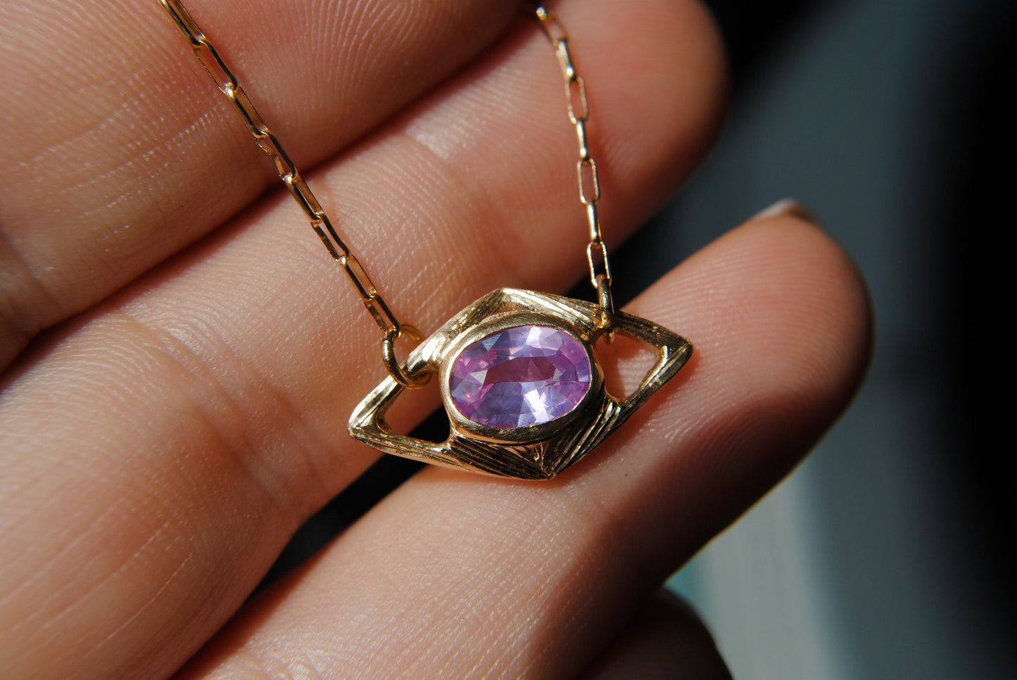 Hovercraft Opalescent Pink Sapphire Engraved Necklace