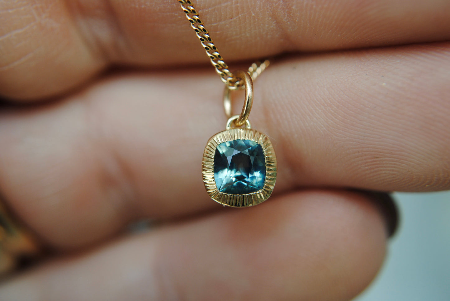 Jellybean Engraved Teal Sapphire Charm