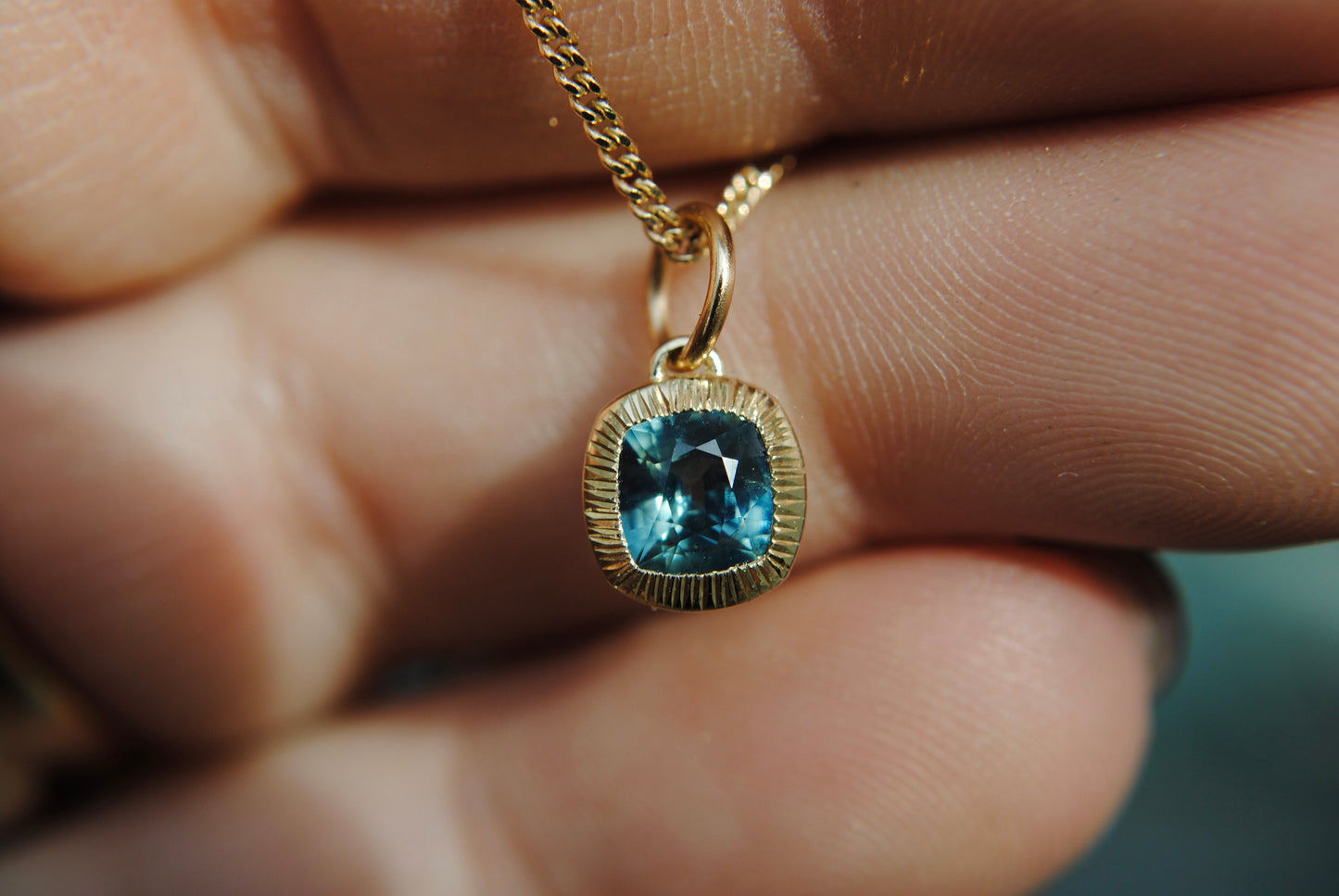 Jellybean Engraved Teal Sapphire Charm