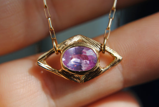 Hovercraft Opalescent Pink Sapphire Engraved Necklace