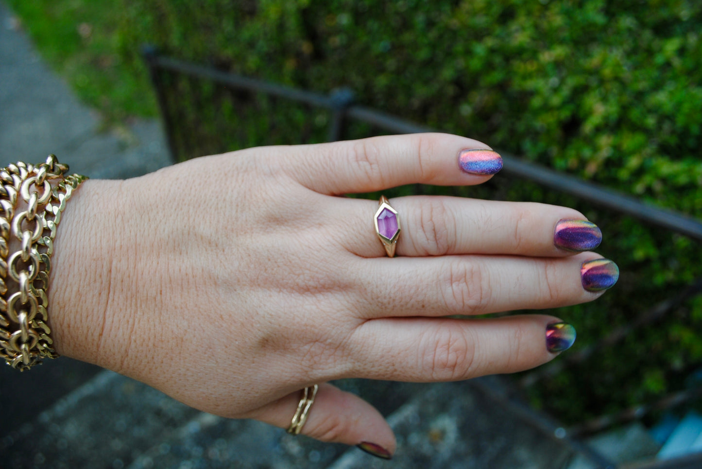 2.05 carat pink hexagon opalescent sapphire engraved signet