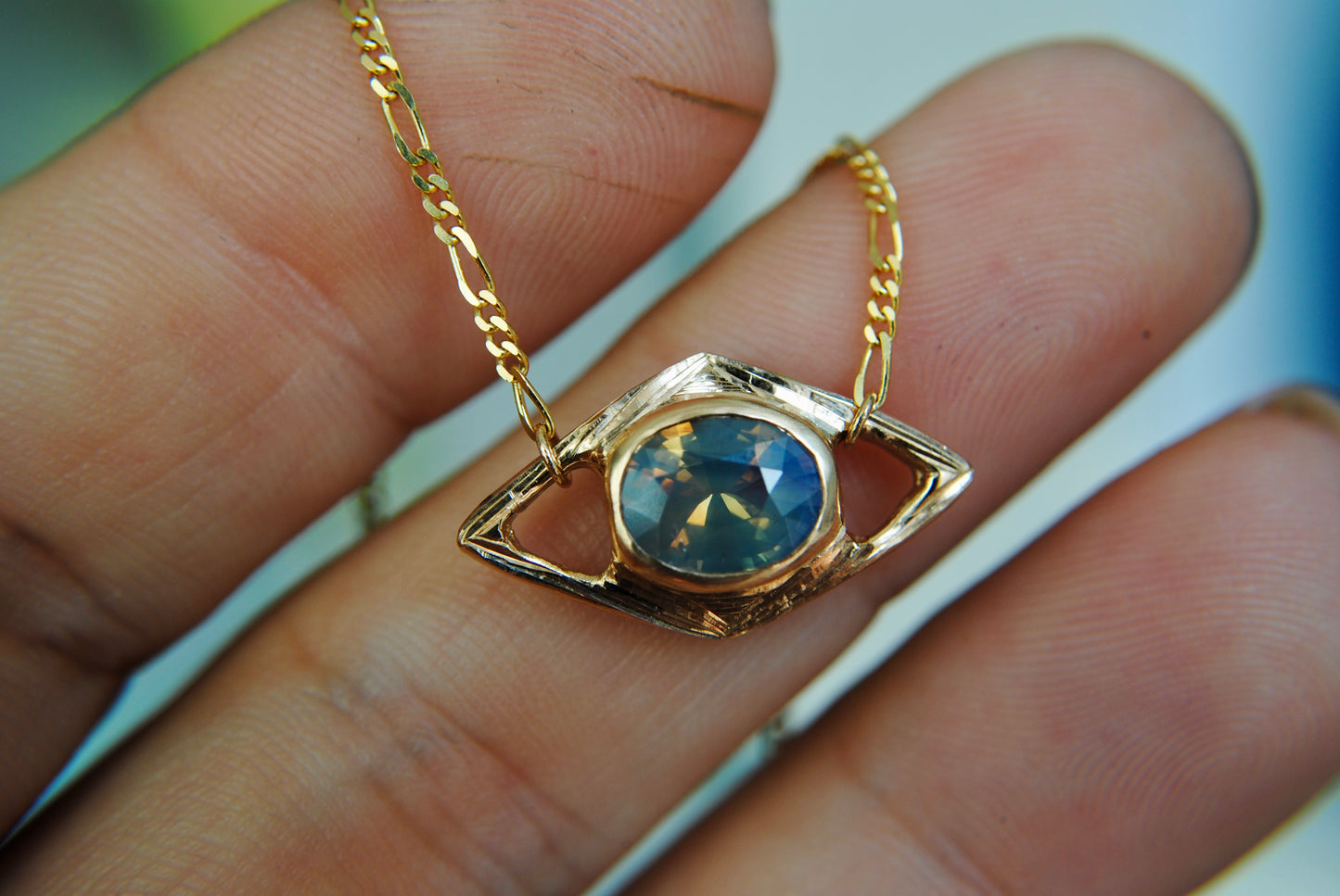 Hovercraft Opalescent Blue/Multicolor Sapphire Engraved Necklace