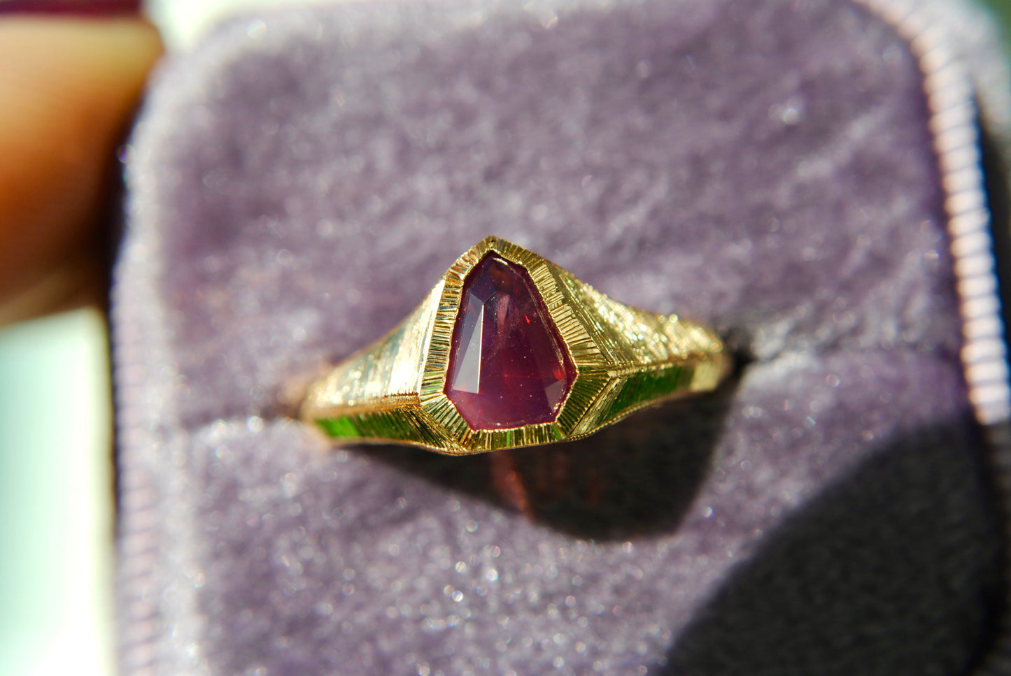 Engraved Shield Ring, 1.04 carat silky pink/red spinel