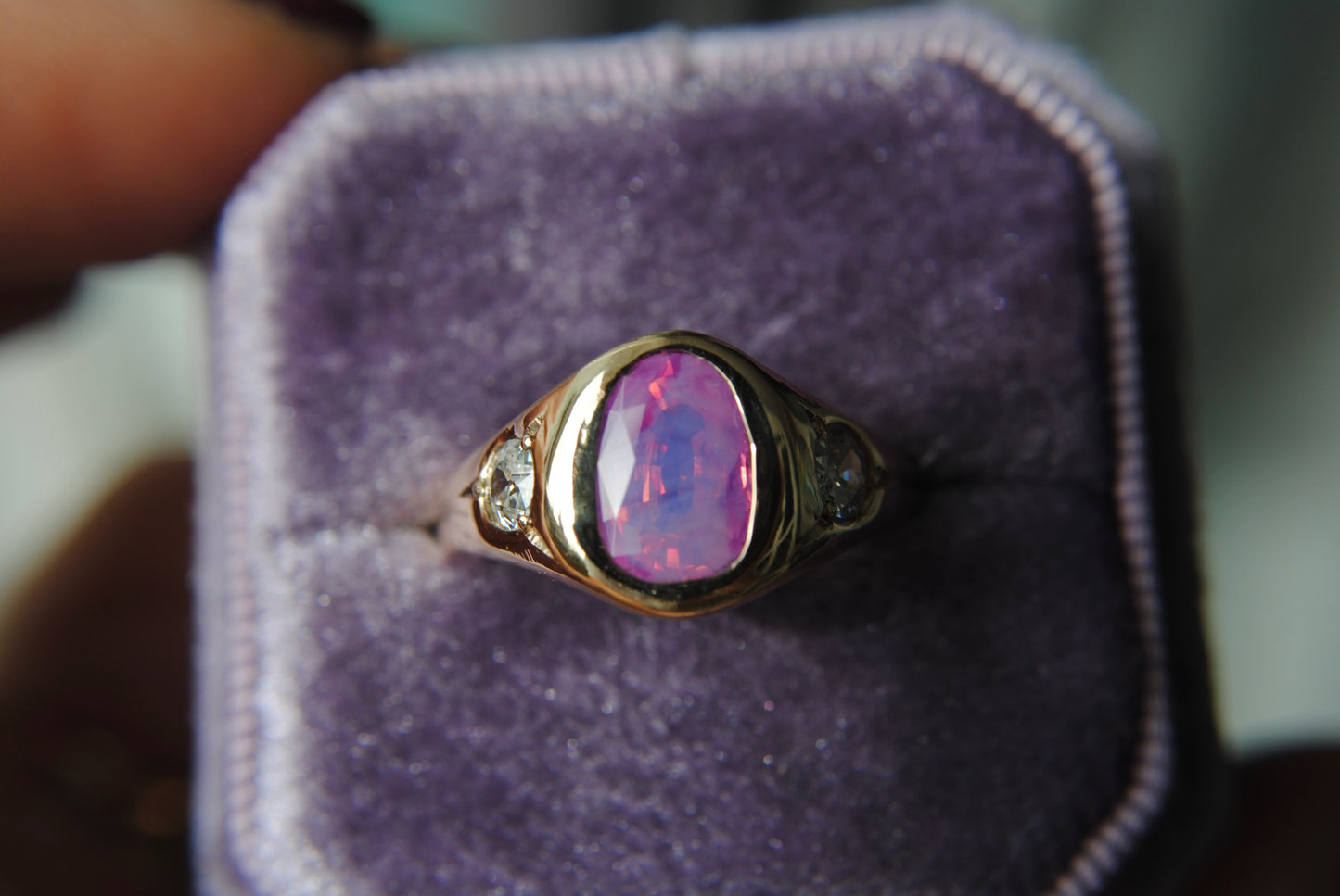 2.04 carat opalescent pink sapphire with antique diamonds