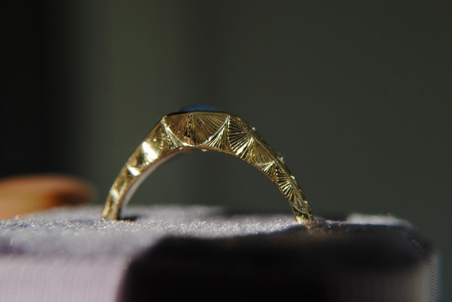 ENGRAVED HEXAGON SAPPHIRE RING - 1.12 CARAT POWDER BLUE NATURAL OPALESCENT SAPPHIRE - ONE OF A KIND