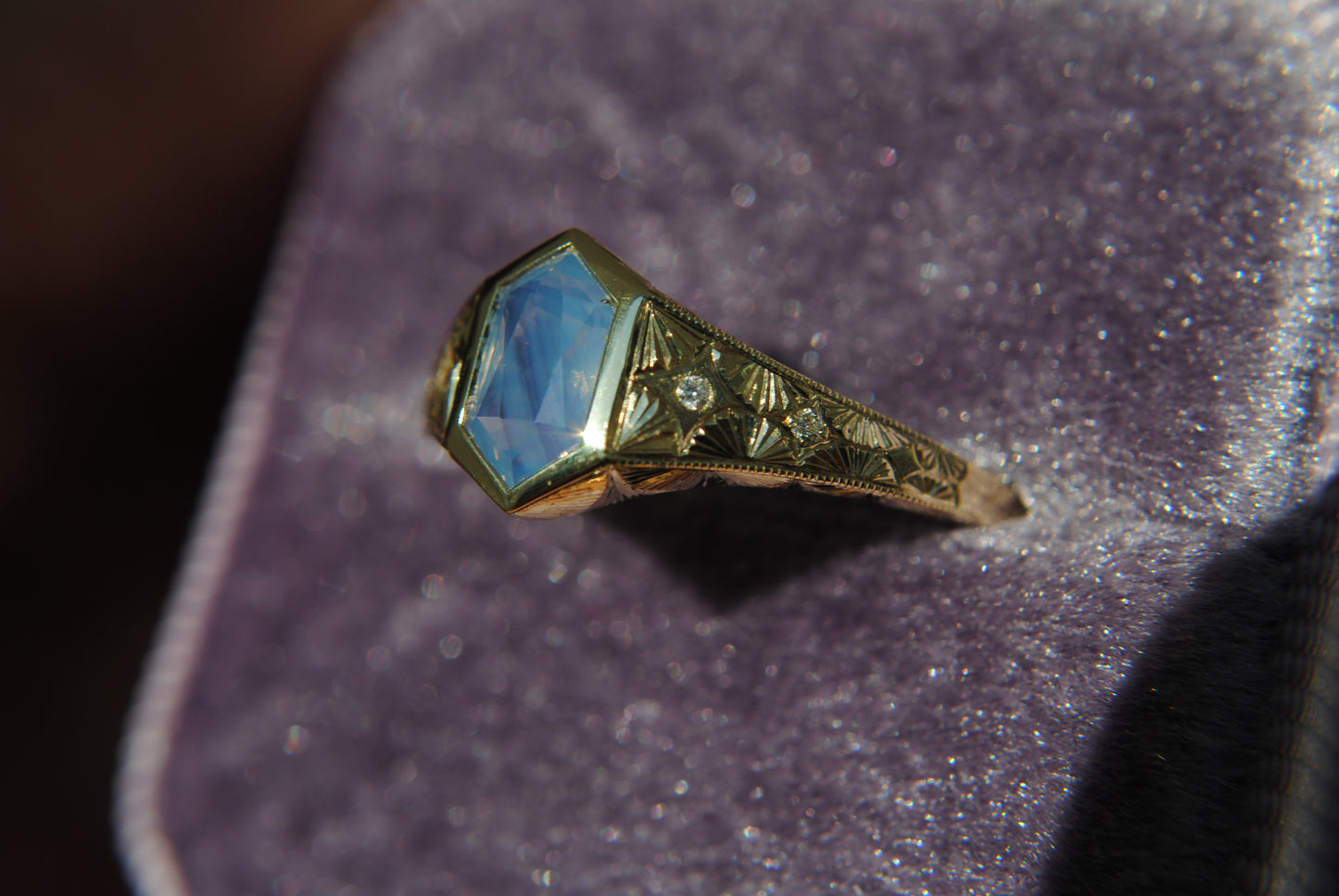 ENGRAVED HEXAGON SAPPHIRE RING - 1.12 CARAT POWDER BLUE NATURAL OPALESCENT SAPPHIRE - ONE OF A KIND