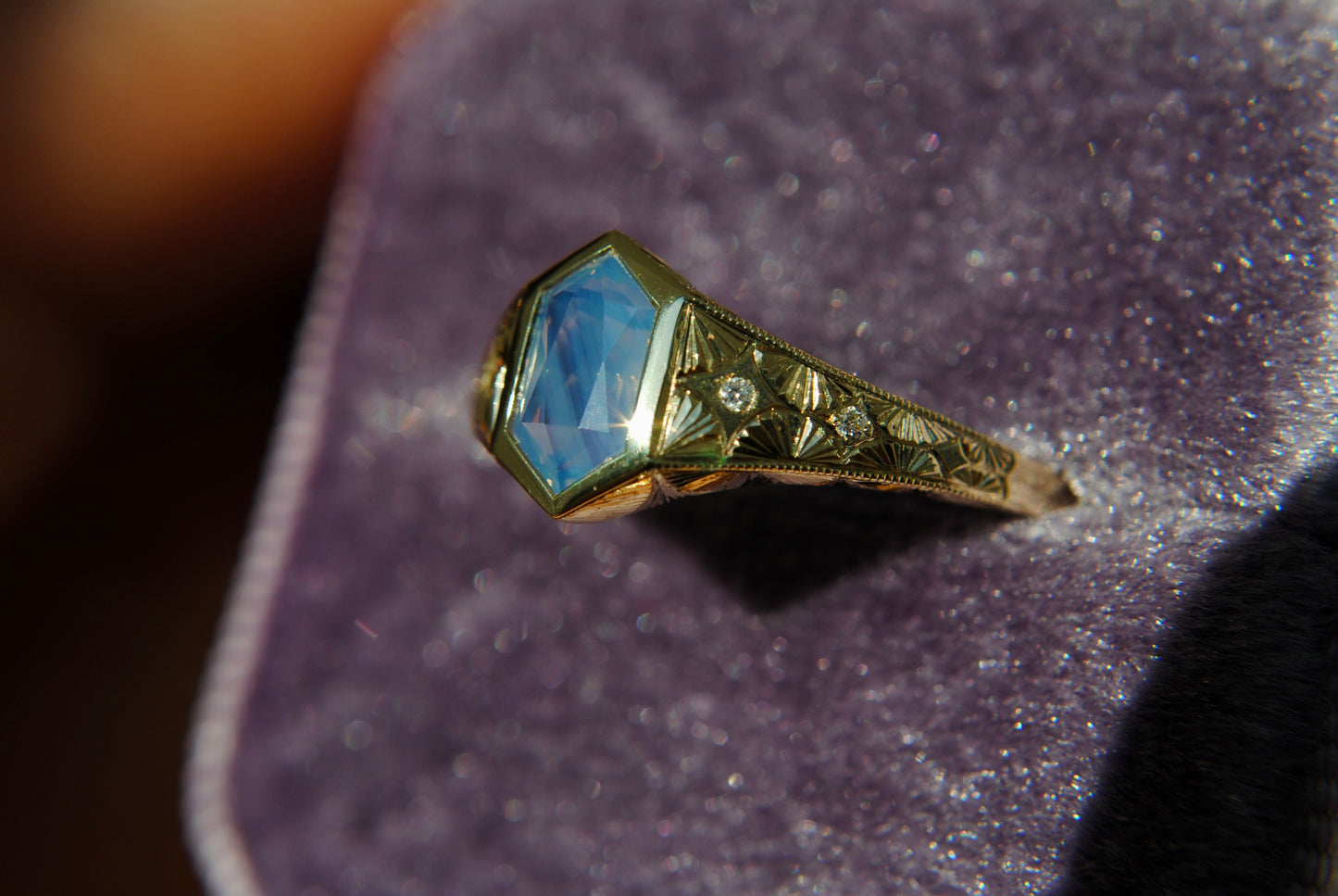 ENGRAVED HEXAGON SAPPHIRE RING - 1.12 CARAT POWDER BLUE NATURAL OPALESCENT SAPPHIRE - ONE OF A KIND