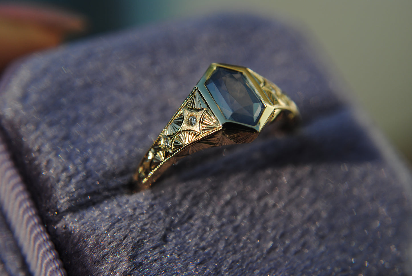 ENGRAVED HEXAGON SAPPHIRE RING - 1.12 CARAT POWDER BLUE NATURAL OPALESCENT SAPPHIRE - ONE OF A KIND