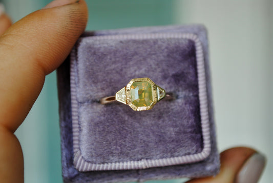 1.5 carat Opalescent Yellow Sapphire + Trapezoid Diamond Ring