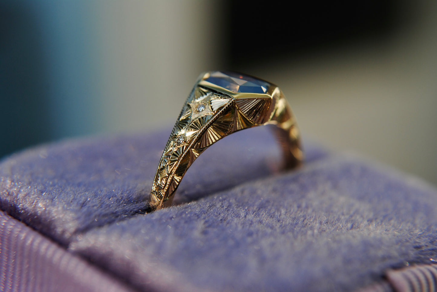ENGRAVED HEXAGON SAPPHIRE RING - 1.12 CARAT POWDER BLUE NATURAL OPALESCENT SAPPHIRE - ONE OF A KIND
