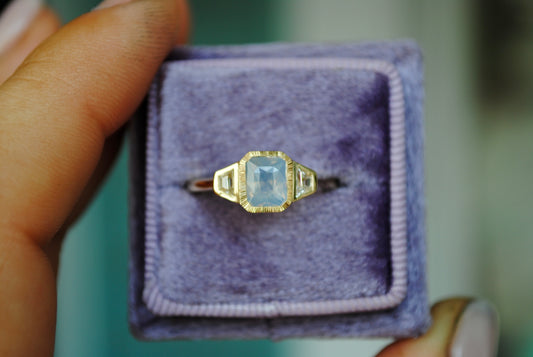 1.11 carat Milky Blue Sapphire + Trapezoid Diamond Ring