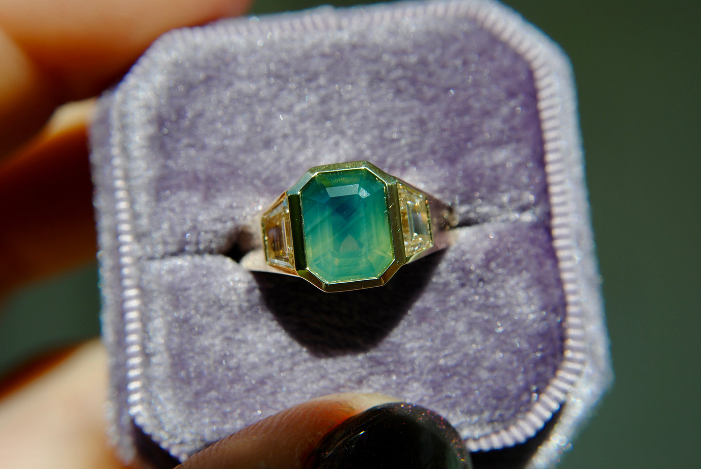 Chunky Signet Ring - Teal Green Opalescent Sapphire + Trapezoid Diamonds